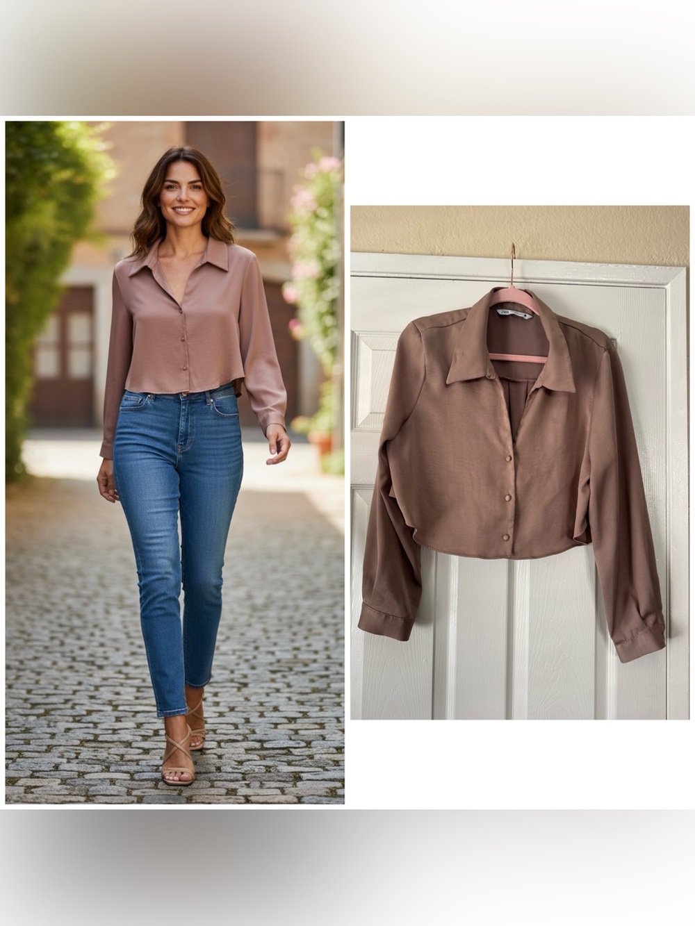 Zara taupe cropped button down collared shirt, XL